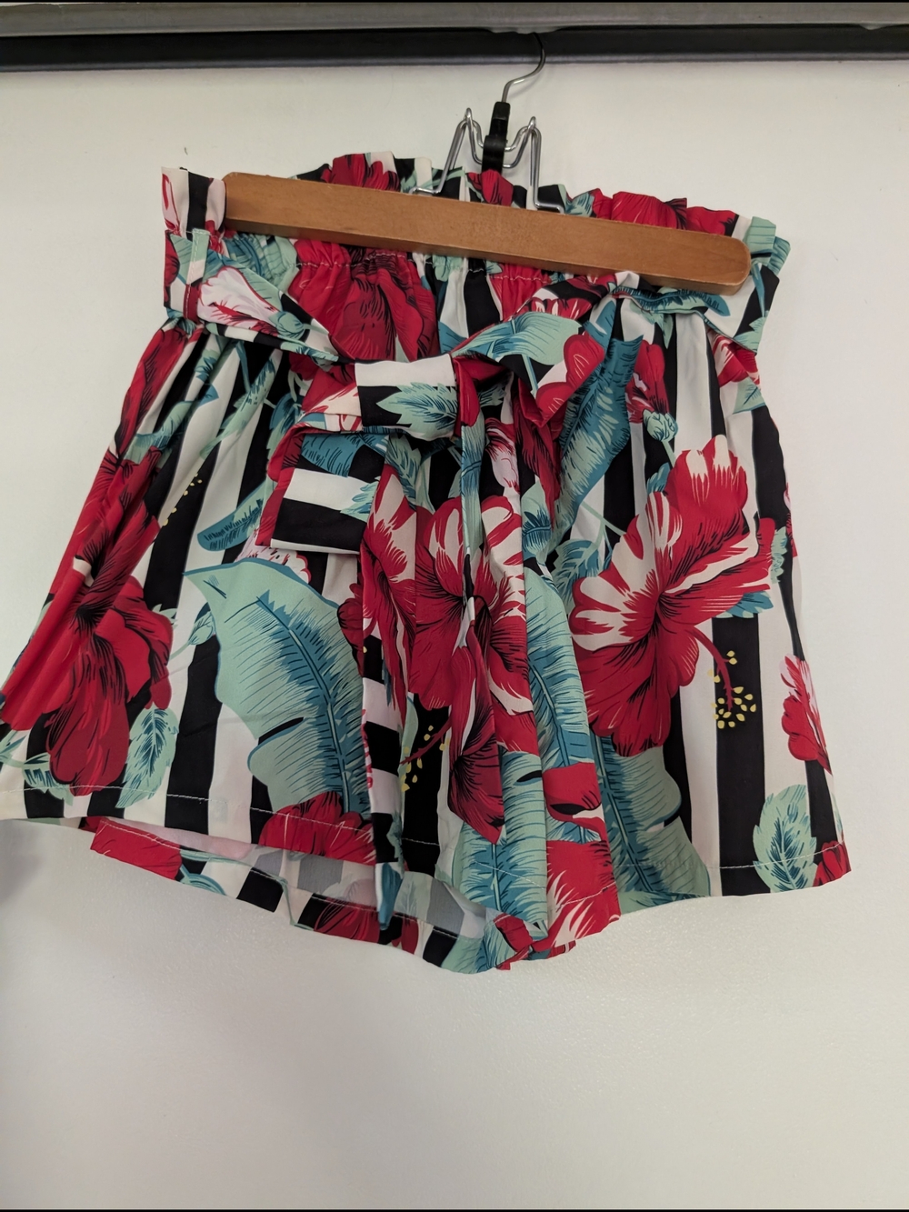 Tropical Stripe Paperbag Waist Shorts - Red & Teal Floral